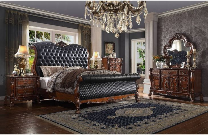 Dresden Black and Cherry Oak Queen Upholstered Sleigh Bed with Nailhead Trim