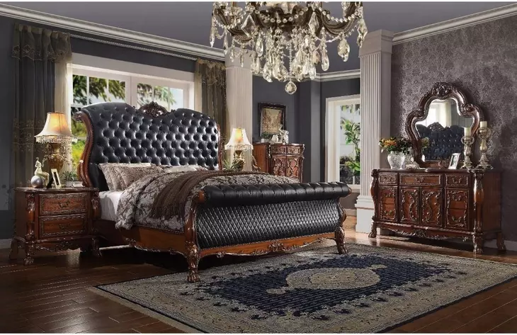 Dresden Black and Cherry Oak Queen Upholstered Sleigh Bed with Nailhead Trim