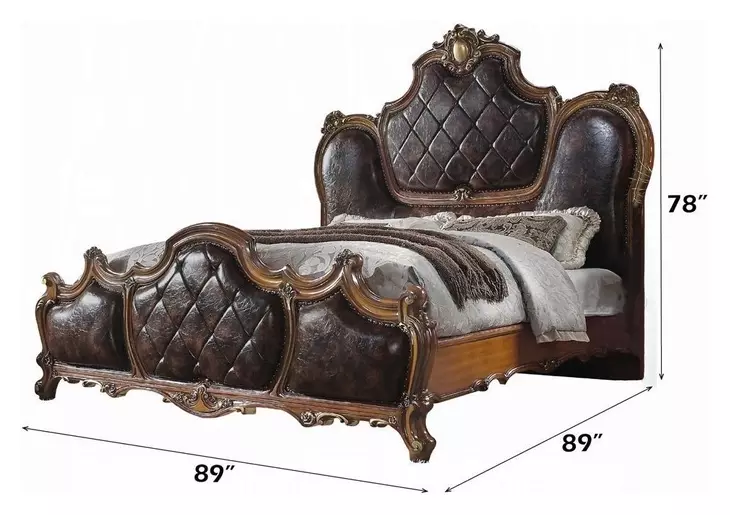 Picardy Dark Brown and Honey Oak King Upholstered Panel Bed with Nailhead Trim