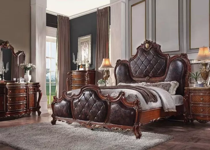 Picardy Dark Brown and Honey Oak King Upholstered Panel Bed with Nailhead Trim