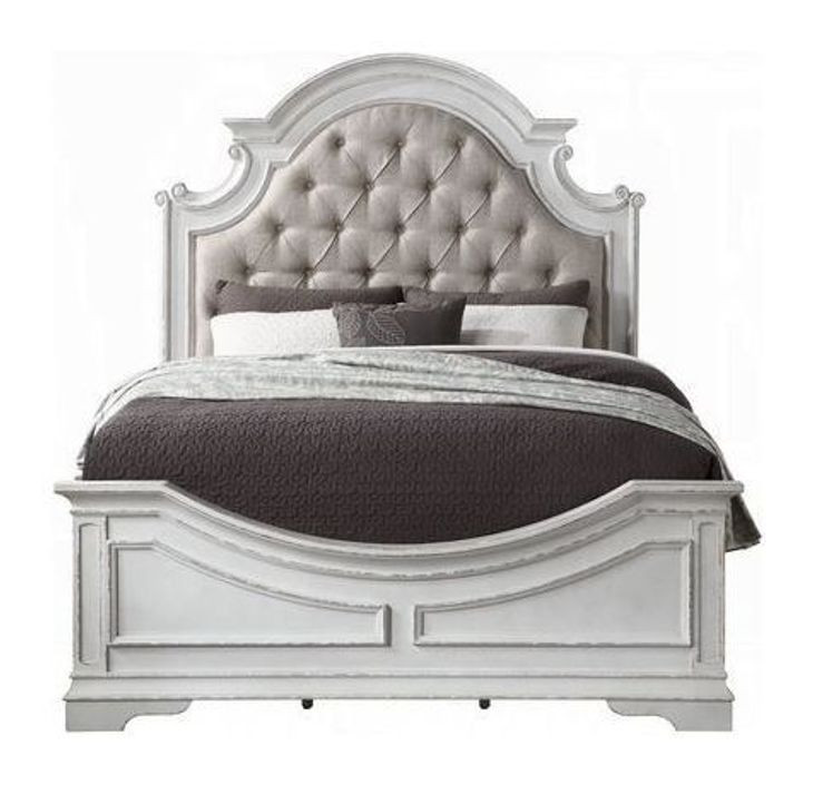 Florian Beige and Antique White Queen Upholstered Panel Bed