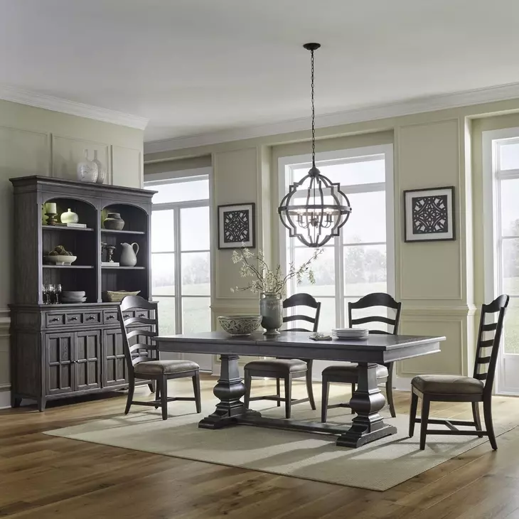 Paradise Valley Saddle Brown and Tobacco Upholstered 5 Extendable Piece Trestle Base Dining Set