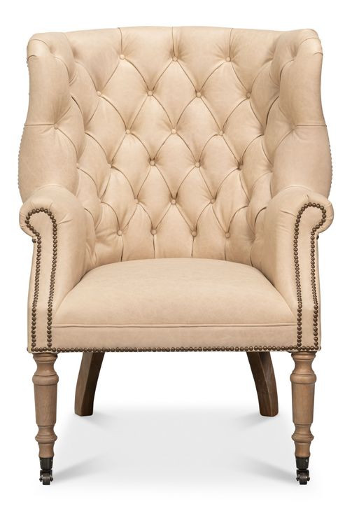 Welsh Cappuccino Leather Upholstered Accent Chair with Nailhead Trim