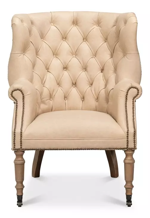 Welsh Cappuccino Leather Upholstered Accent Chair with Nailhead Trim