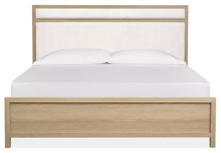 Meadowrise Sandstone Beige and White King Upholstered Panel Bed