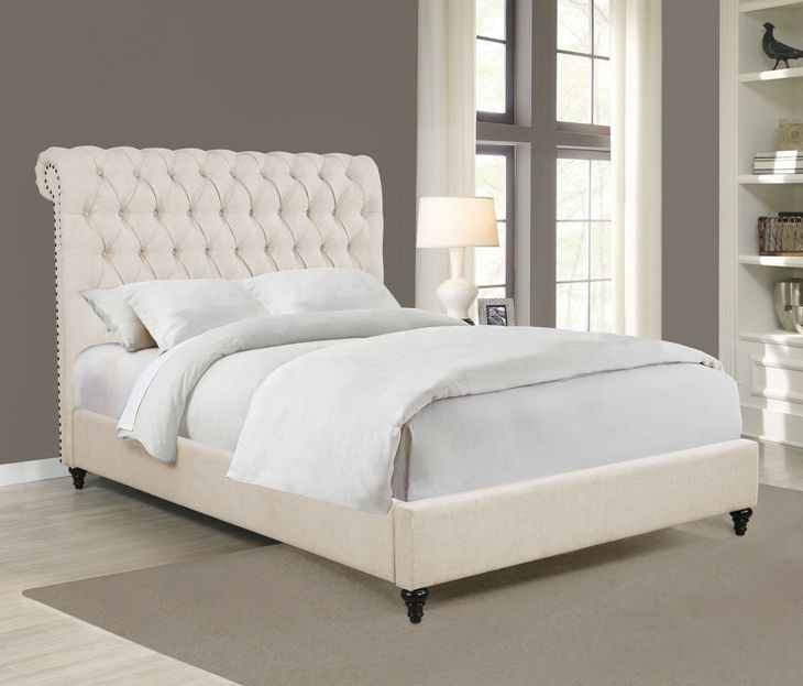 Devon Beige California King Upholstered Panel Bed with Nailhead Trim
