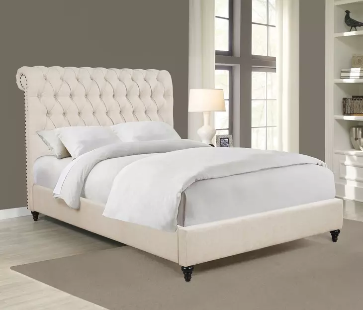 Devon Beige California King Upholstered Panel Bed with Nailhead Trim