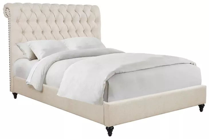 Devon Beige California King Upholstered Panel Bed with Nailhead Trim