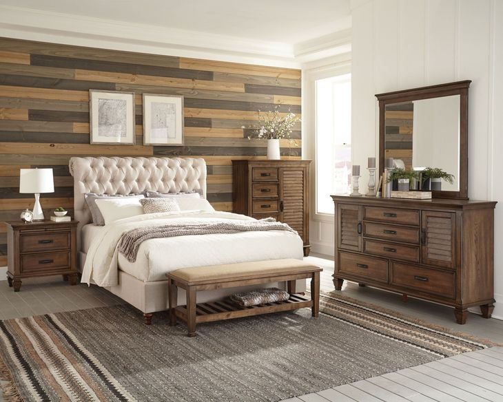 Devon Beige California King Upholstered Panel Bed with Nailhead Trim