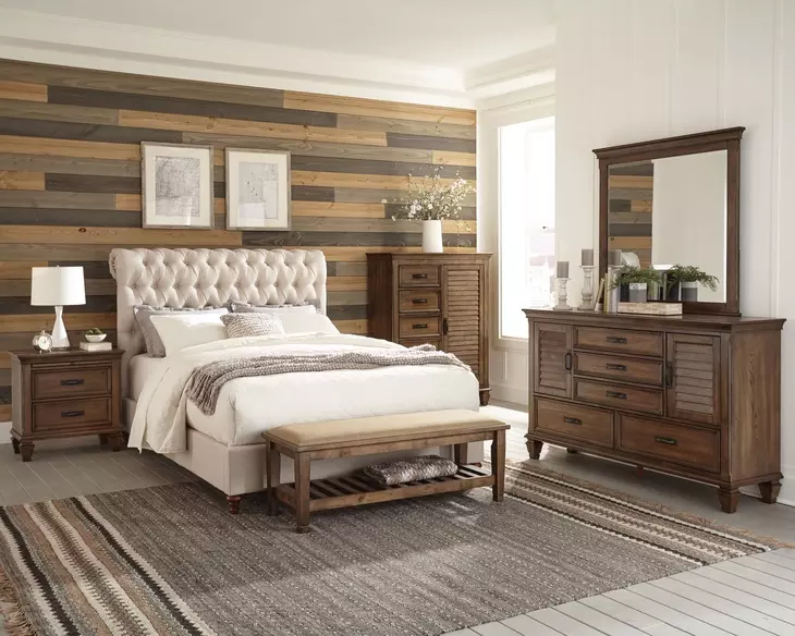 Devon Beige California King Upholstered Panel Bed with Nailhead Trim