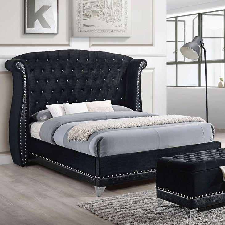 Barzini Black California King Upholstered Bed with Nailhead Trim