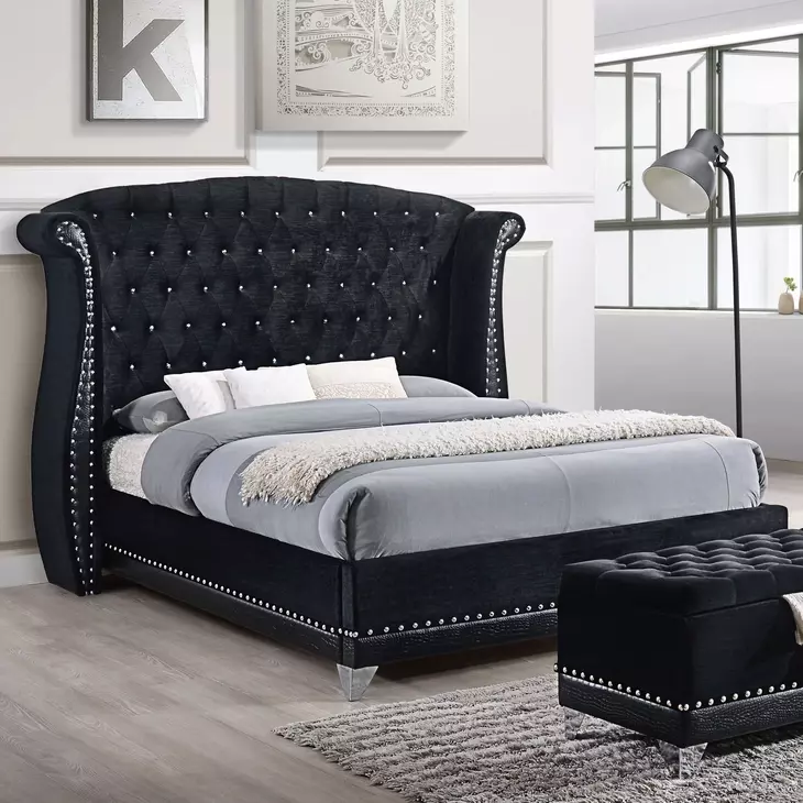 Barzini Black California King Upholstered Panel Bed with Nailhead Trim