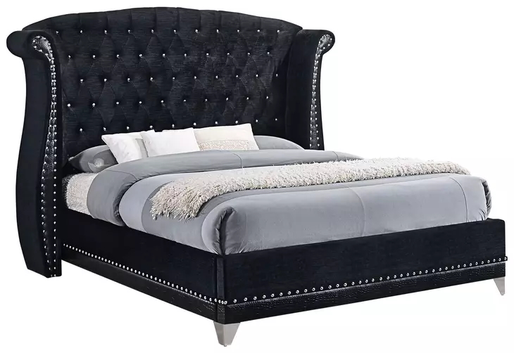 Barzini Black California King Upholstered Panel Bed with Nailhead Trim
