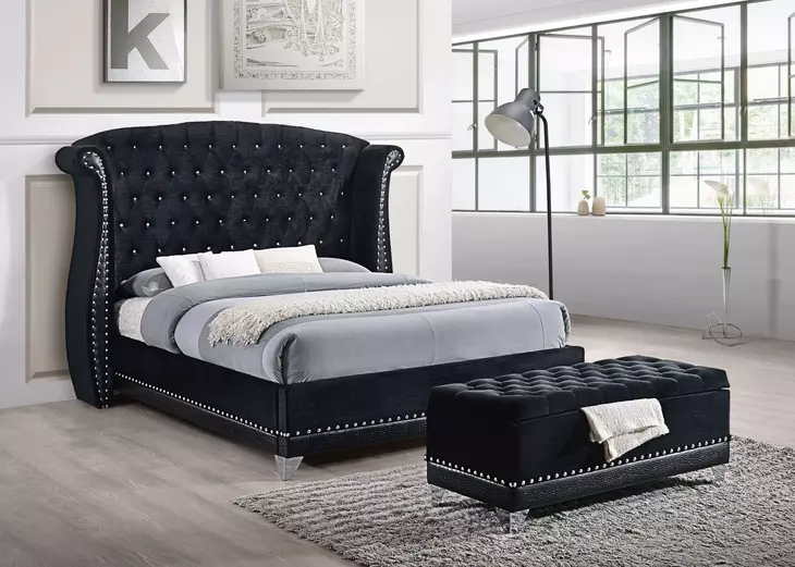 Barzini Black California King Upholstered Panel Bed with Nailhead Trim