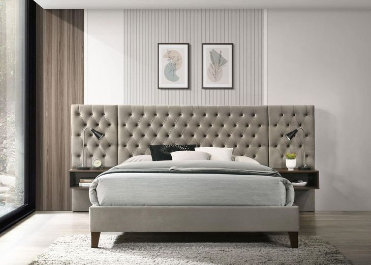 Marley Light Brown Upholstered Wall Panel Queen Platform Bed