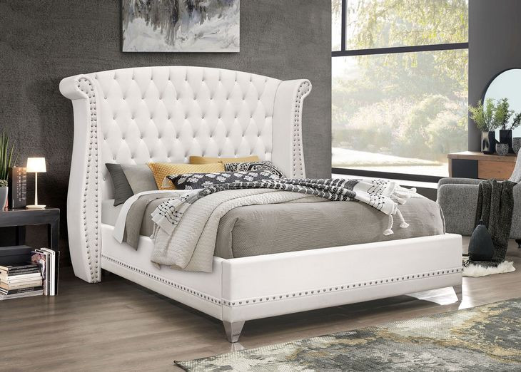 Barzini White California King Upholstered Bed with Nailhead Trim