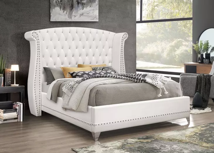 Barzini White California King Upholstered Panel Bed with Nailhead Trim