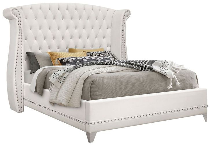 Barzini White California King Upholstered Bed with Nailhead Trim