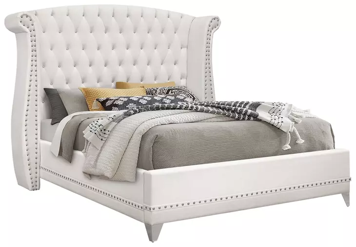 Barzini White California King Upholstered Panel Bed with Nailhead Trim