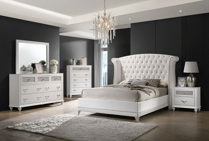 Barzini White California King Upholstered Bed with Nailhead Trim