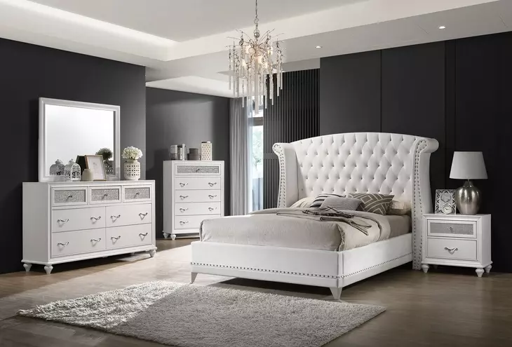 Barzini White California King Upholstered Panel Bed with Nailhead Trim