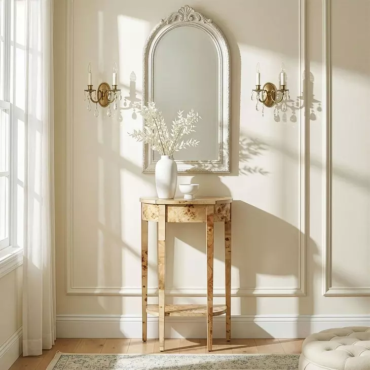 Wendell Light Burl Demilune Console Table