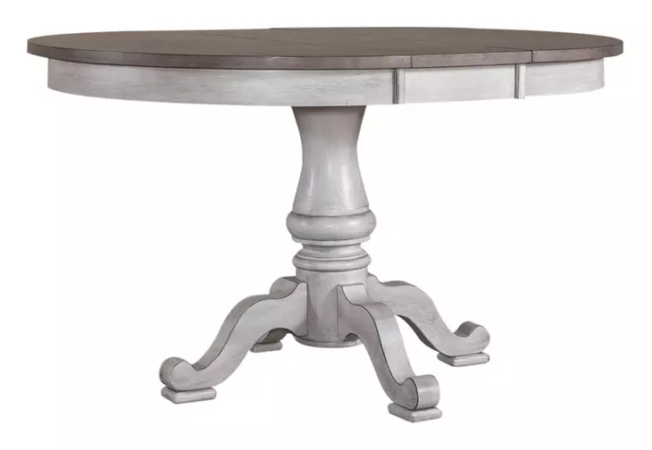 Ocean Isle Antique White and Weathered Pine Upholstered 5 Piece Extendable Pedestal Base Dining Set