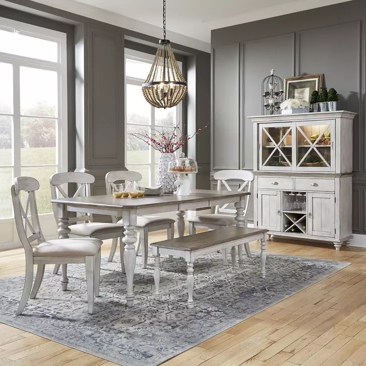 Ocean Isle Antique White and Weathered Pine Upholstered 6 Piece Extendable Rectangular Dining Set