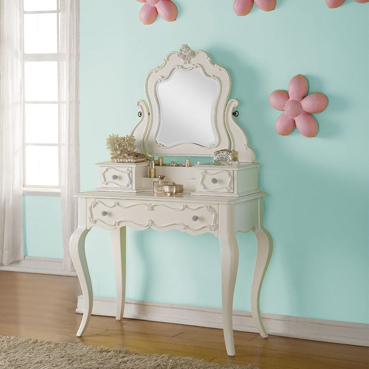 Edalene Pearl White 3 Drawer Vanity Desk with Mirror
