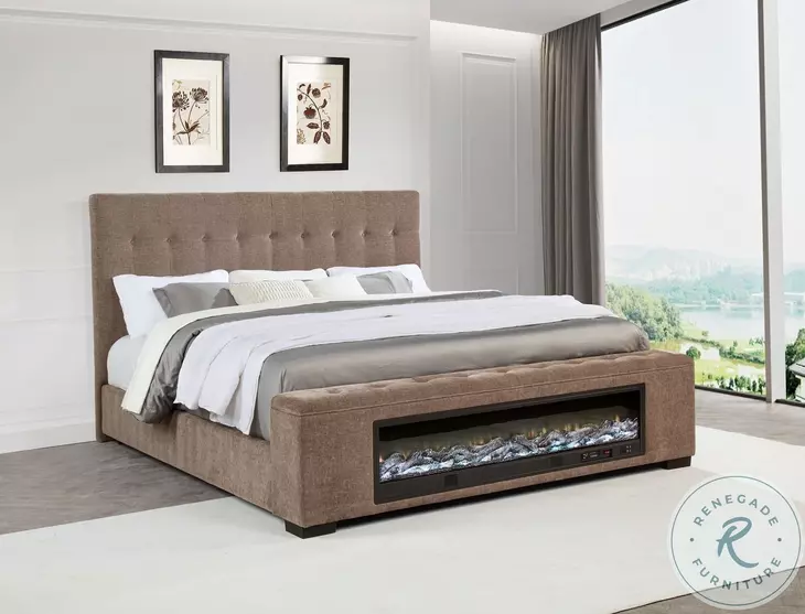 Senna Brown King Upholstered Panel Bed with Audio Flame Visualizer