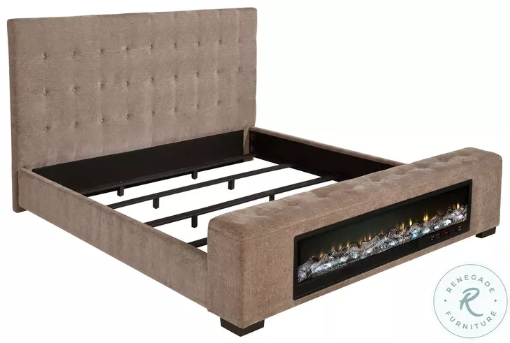 Senna Brown King Upholstered Panel Bed with Audio Flame Visualizer