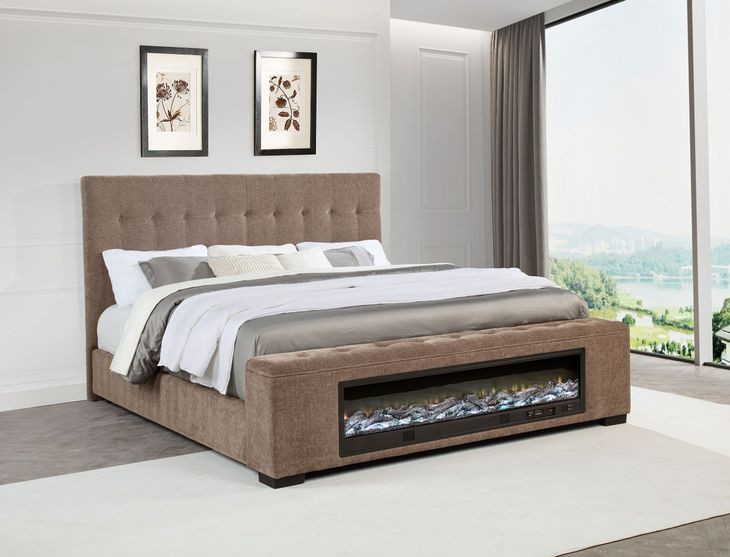 Senna Brown California King Upholstered Platform Bed with Audio Flame Visualizer