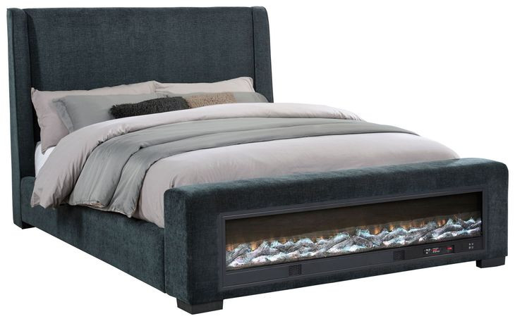 Preston Dark Blue California King Upholstered Platform Bed with Audio Flame Visualizer