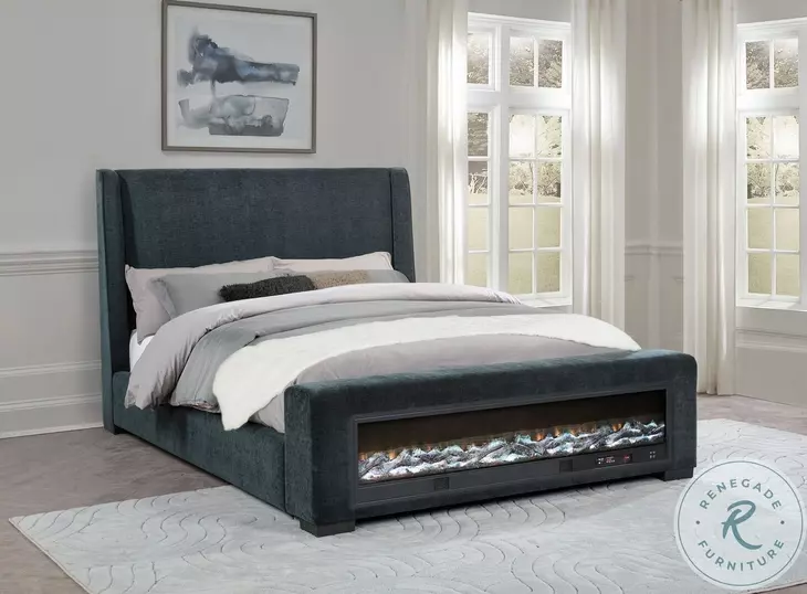 Preston Dark Blue Queen Upholstered Wingback Panel Bed with Audio Flame Visualizer