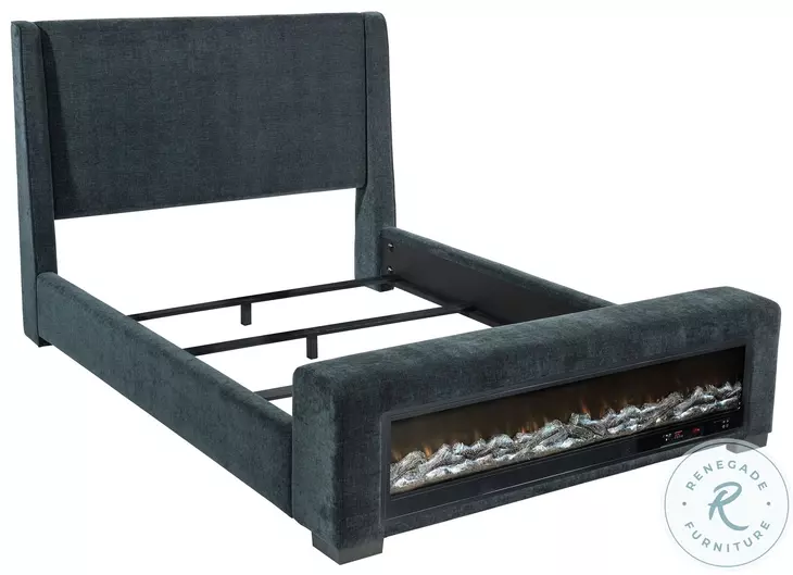 Preston Dark Blue Queen Upholstered Wingback Panel Bed with Audio Flame Visualizer