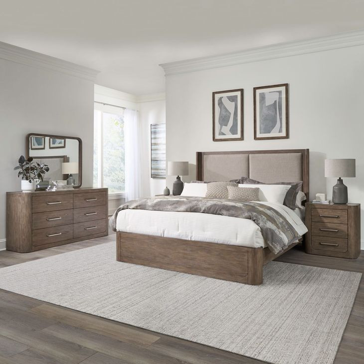 Bendfield Burnished Clay and Textured Gravel King Upholstered Shelter Bed