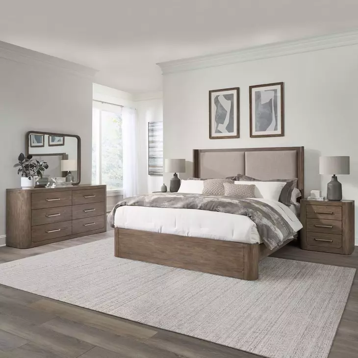 Bendfield Burnished Clay and Textured Gravel King Upholstered Shelter Bed