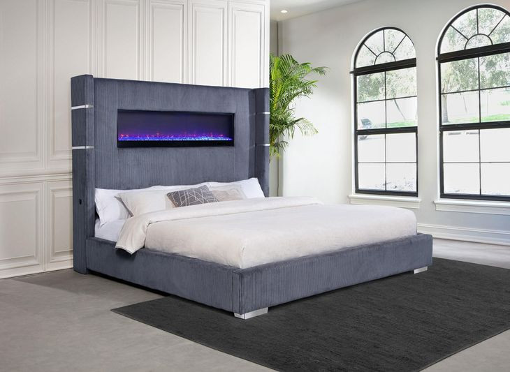 Tisdall Gray King Upholstered Fireplace Panel Bed