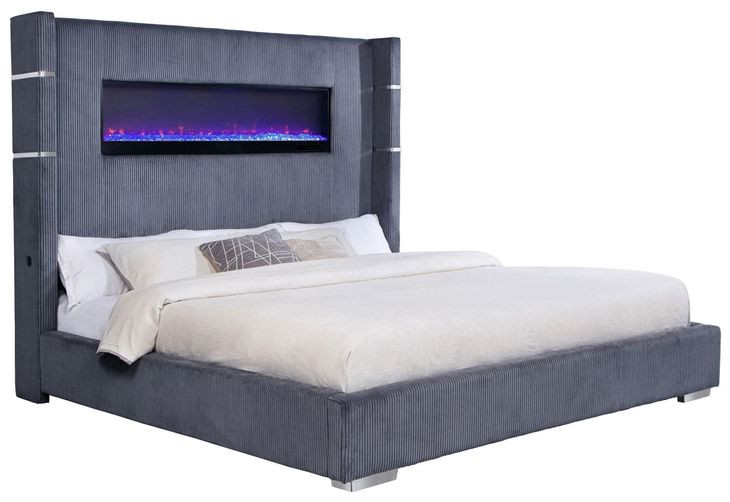 Tisdall Gray King Upholstered Fireplace Panel Bed