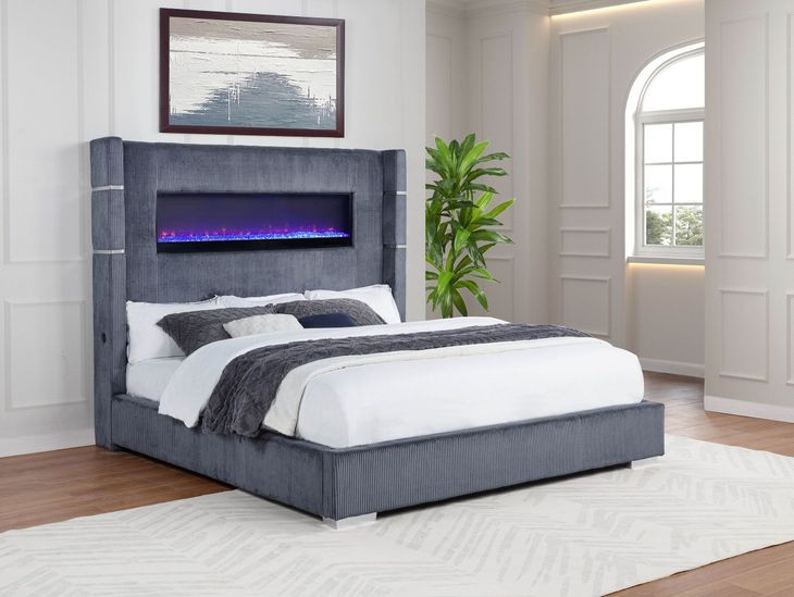 Tisdall Gray California King Upholstered Panel Bed with Flame Visualizer