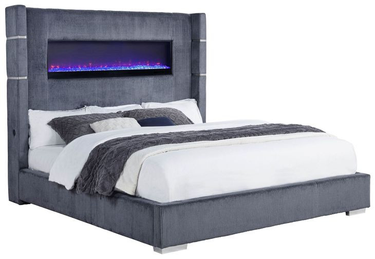 Tisdall Gray California King Upholstered Panel Bed with Flame Visualizer