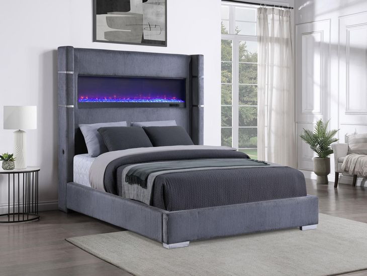 Tisdall Gray Queen Upholstered Fireplace Panel Bed