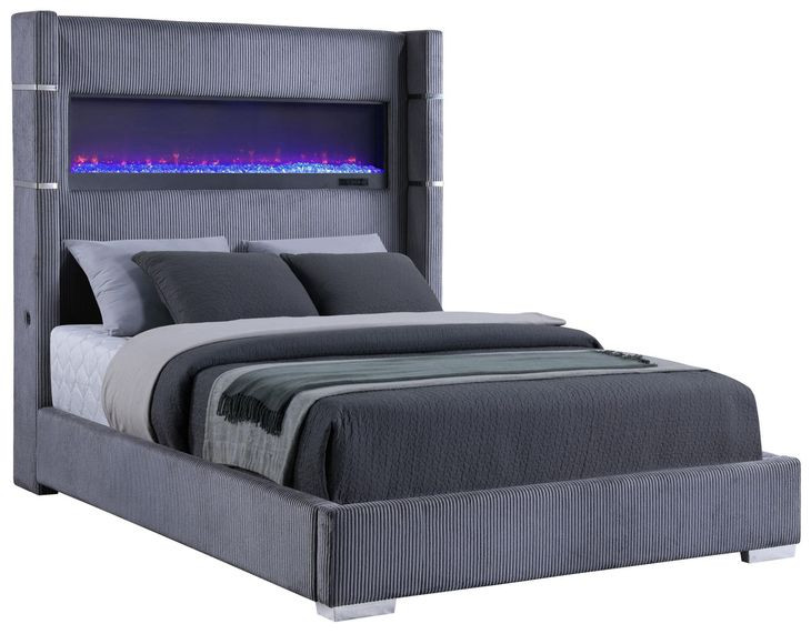 Tisdall Gray Queen Upholstered Fireplace Panel Bed