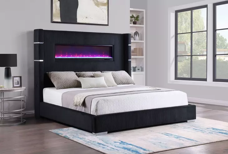 Tisdall Black California King Upholstered Panel Bed with Flame Visualizer