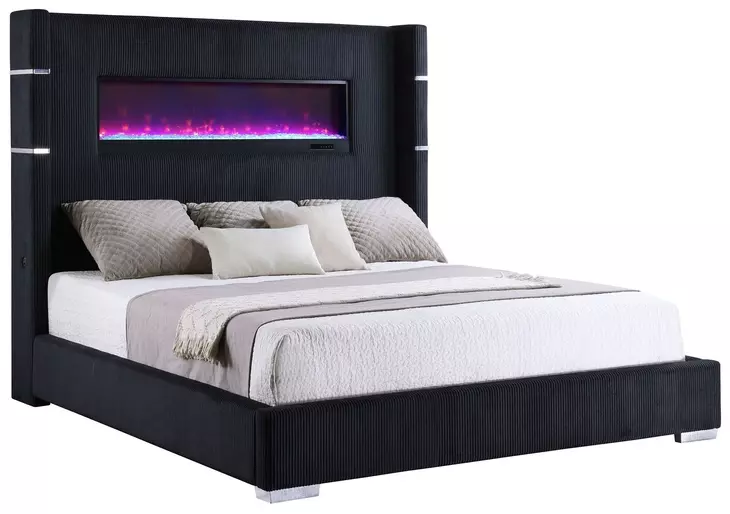 Tisdall Black California King Upholstered Panel Bed with Flame Visualizer