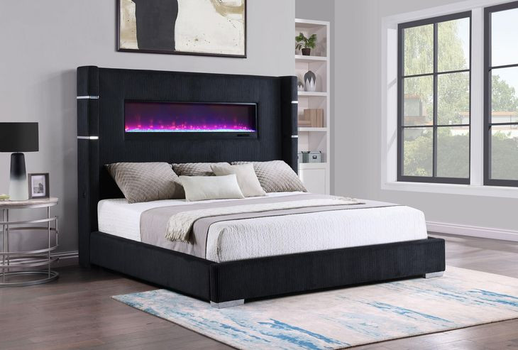 Tisdall Black Queen Upholstered Fireplace Panel Bed