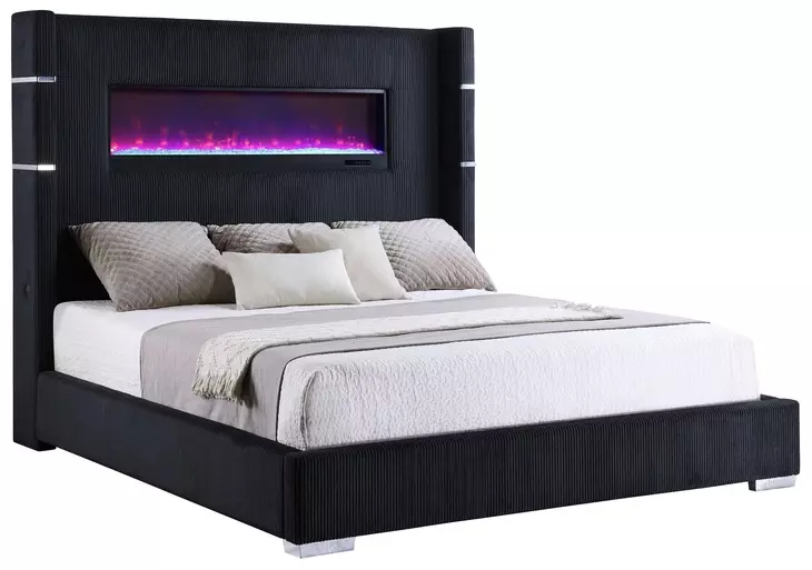 Tisdall Black Queen Upholstered Fireplace Panel Bed