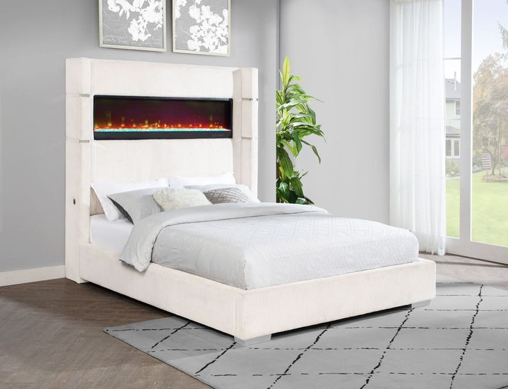 Tisdall Cream California King Upholstered Panel Bed with Flame Visualizer
