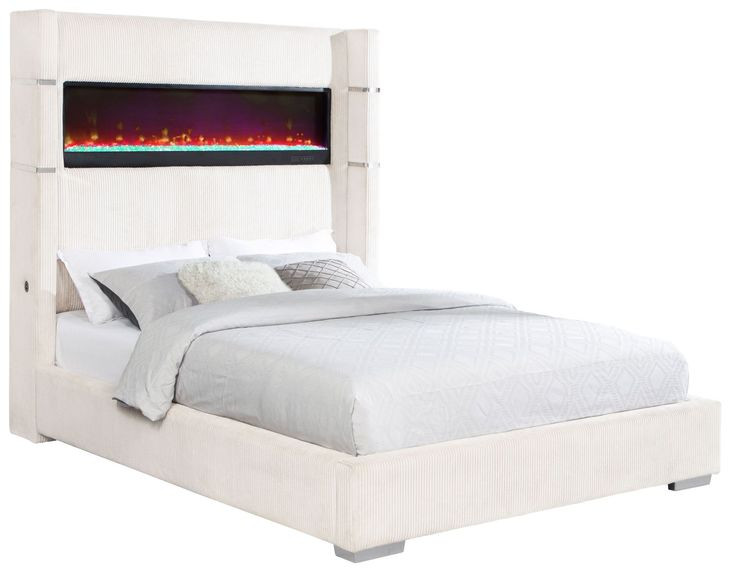 Tisdall Cream California King Upholstered Panel Bed with Flame Visualizer