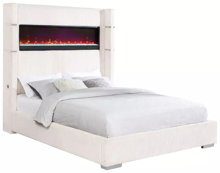 Tisdall Cream California King Upholstered Panel Bed with Flame Visualizer